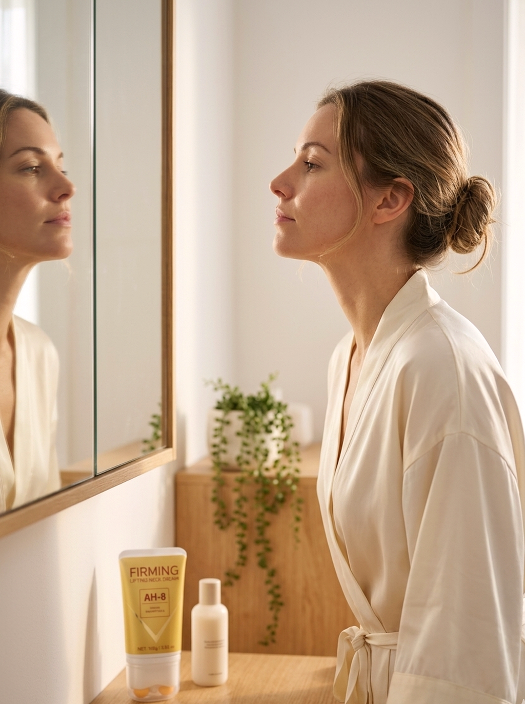 woman applying liftéskin neck firming roller cream in mirror