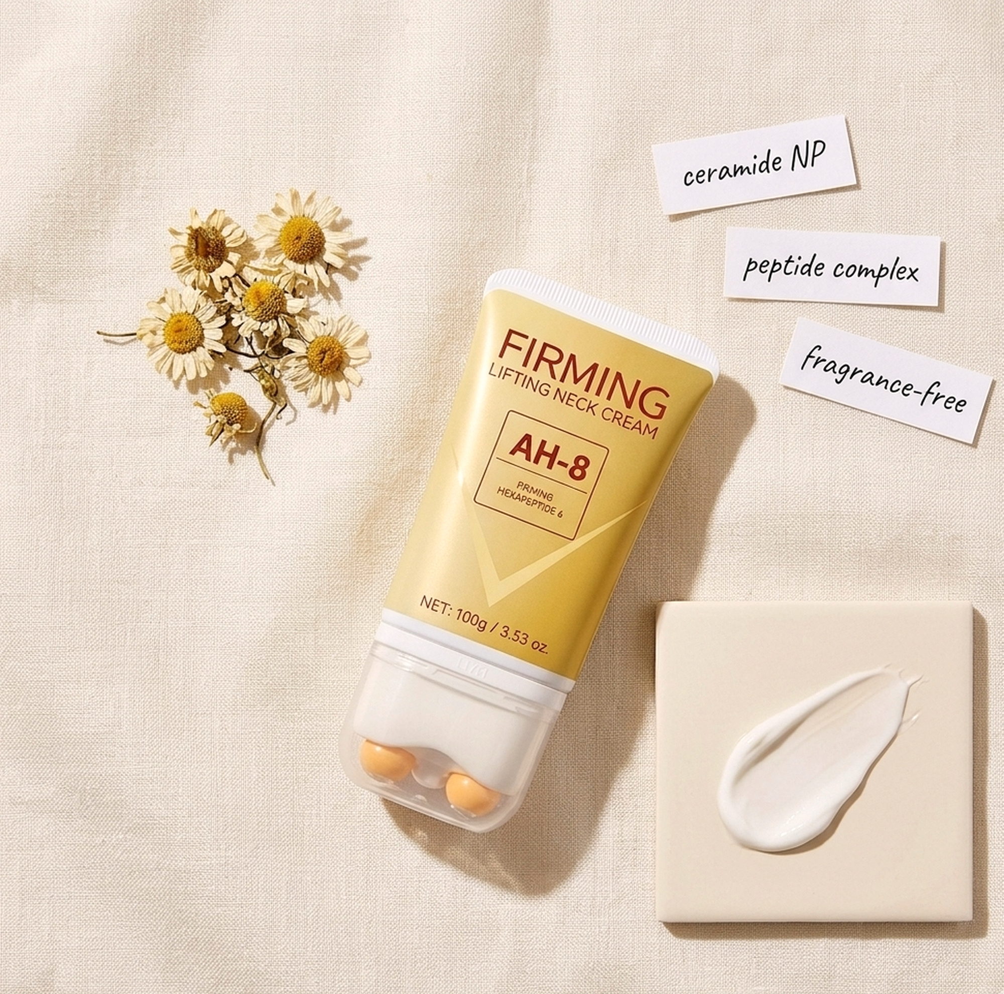 liftéskin neck firming roller cream — styled flat lay